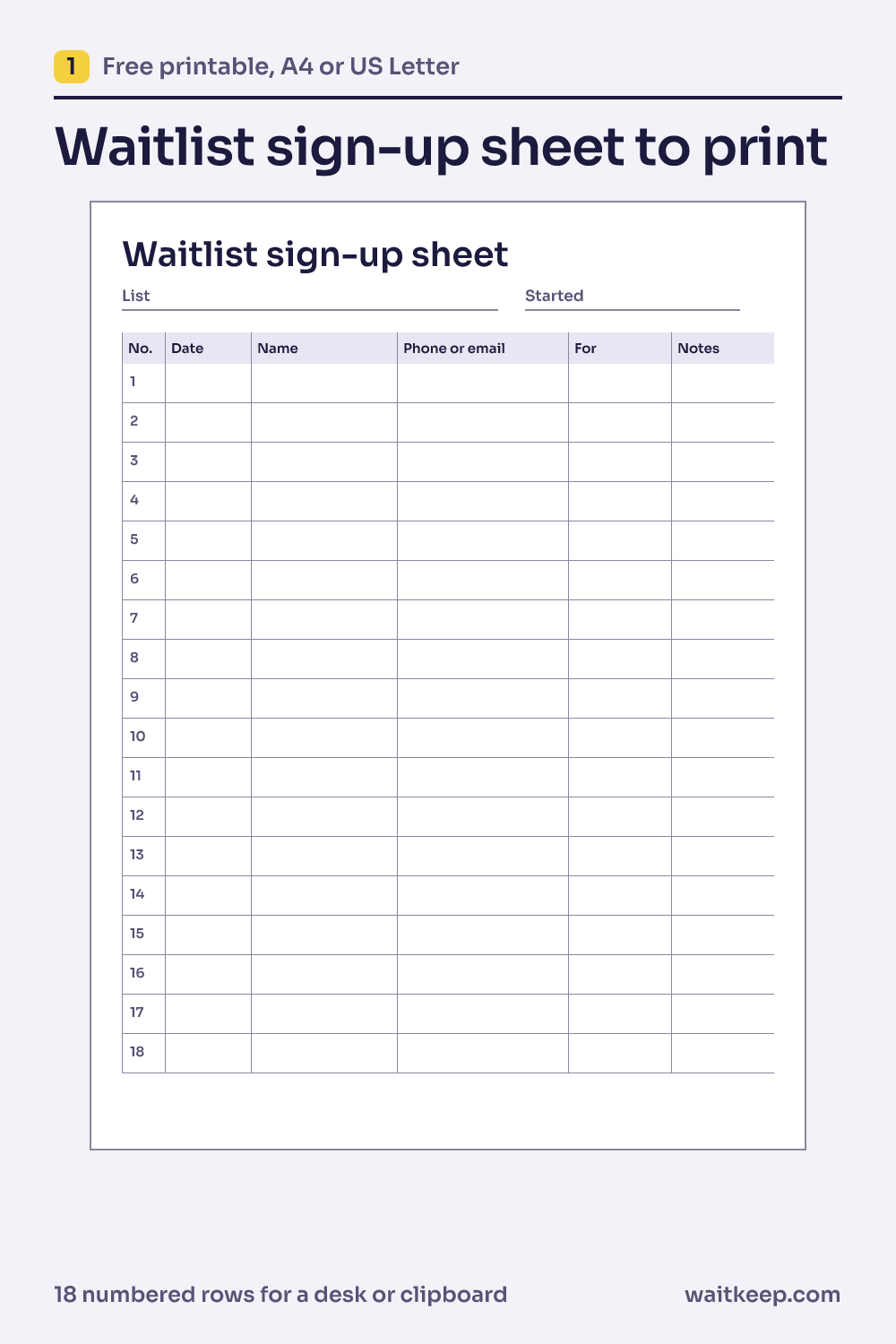 Preview of the waitlist sign-up sheet: 18 numbered rows for a desk or clipboard.